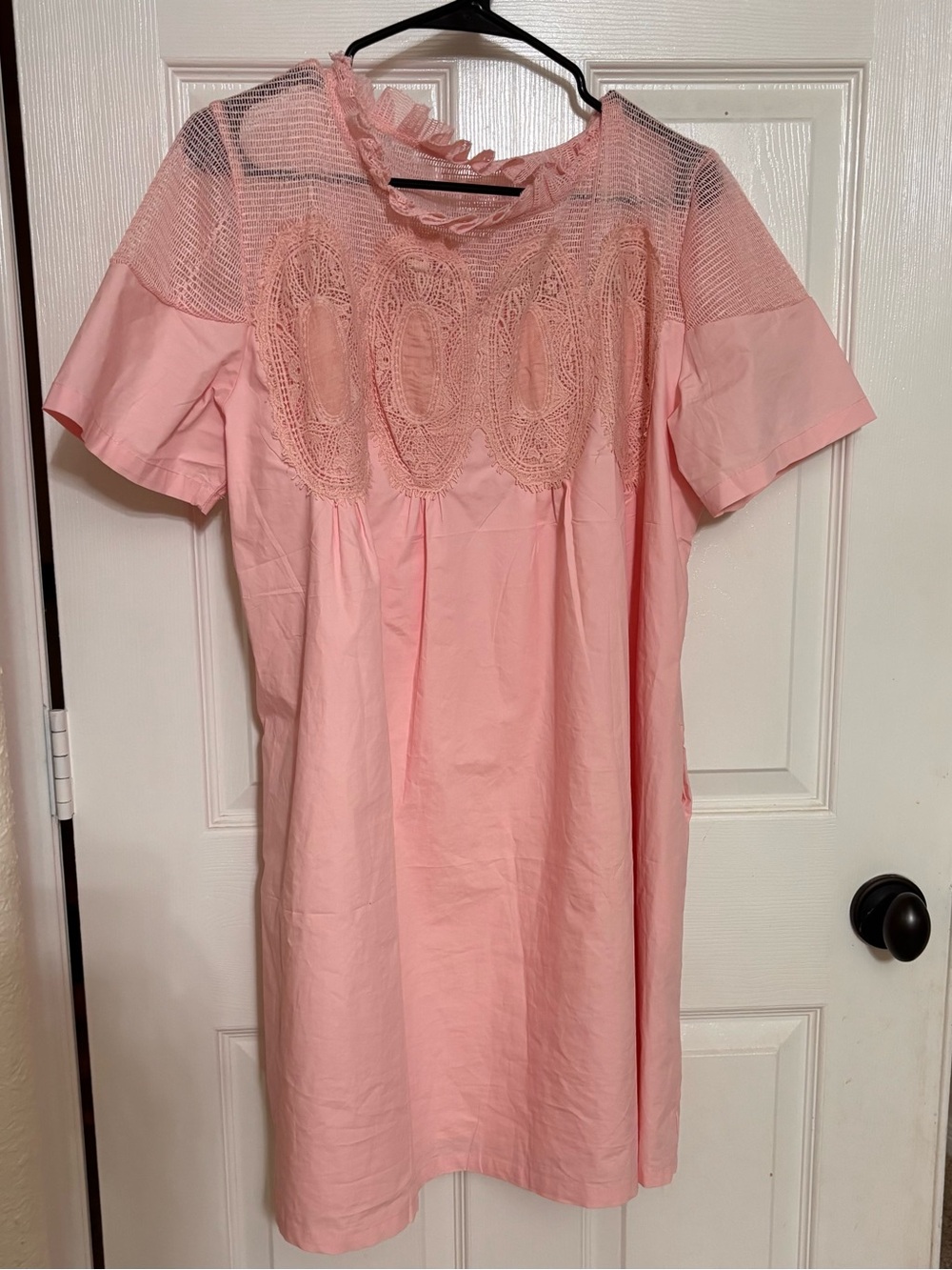 Pink Lace Yoke Short Sleeve Dress with side pockets